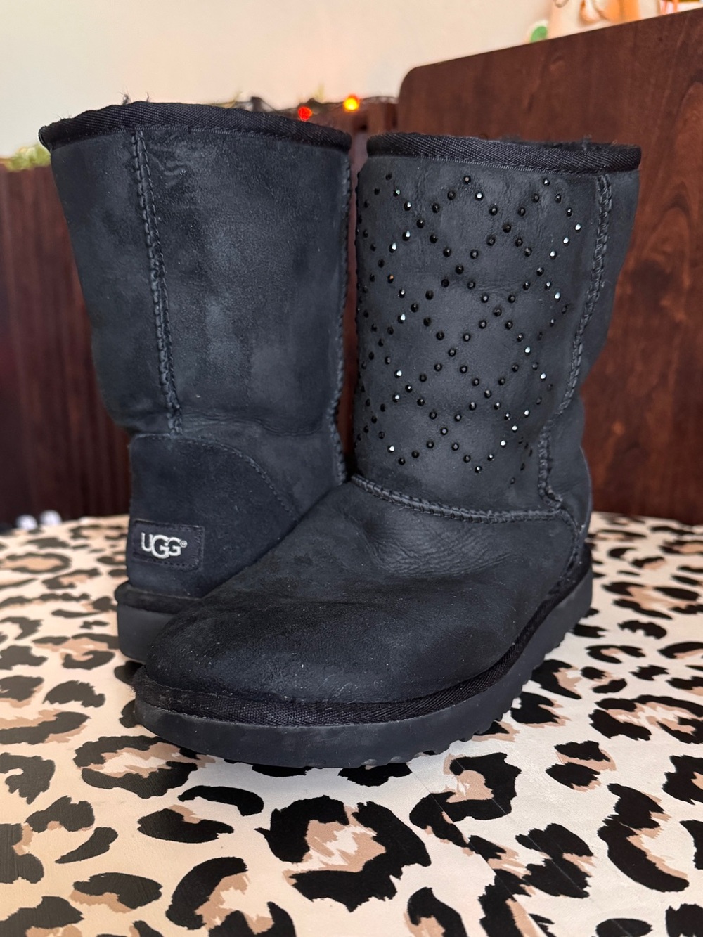 UGG Black Short Suede Boots with Rhinestoned Accent